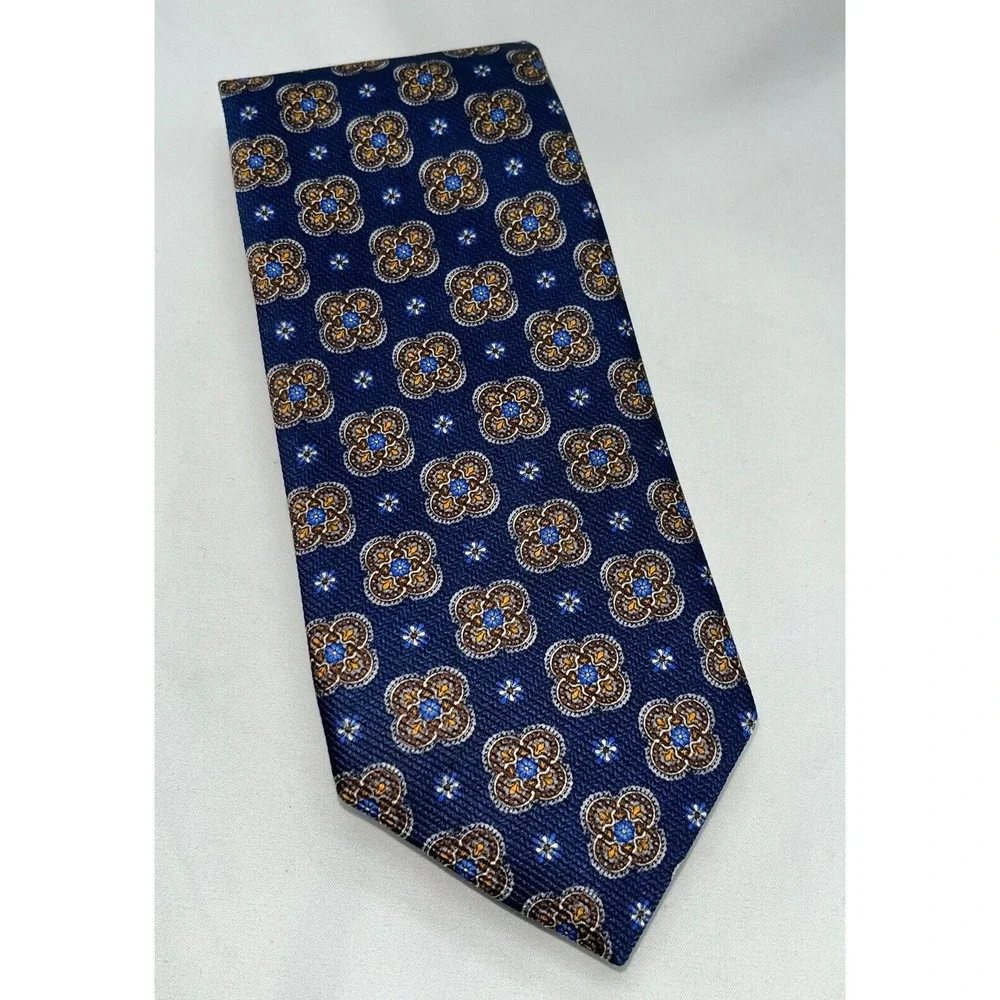 Robert Talbott Necktie Carmel Hand Sewn‎ Blue Geometric Floral Silk Tie